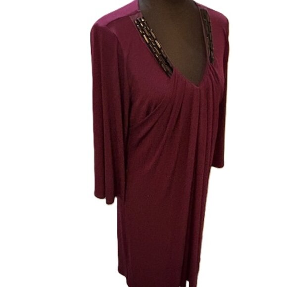 Badgley Mischka PLUM Draped Dress w/ V-Neck Embellished Beading w/Belt ( L ) NWT - Picture 14 of 16